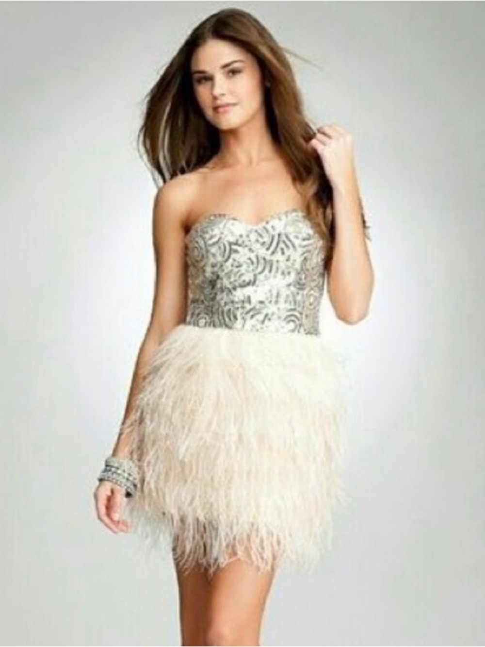 Bebe Isis Silver Sequin Feather Strapless Mini Cocktail Dress